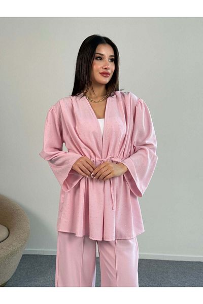 Hatun Atila Long Sleeve Blouse with Rhinestone Ruffle Tie Detail and Wide Leg Pants Two Piece Set 8022 - Pink