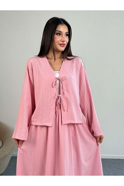 Hatun Atila Tie Detailed Jacket and Long Skirt Double Set 8842 - Pink