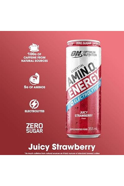 Optimum Nutrition Amino Energy Drink Pre-Workout Energy, Juicy Strawberry (PACK OF 12 CANS X 355ML)