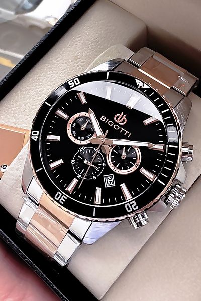 Bigotti Special Boxed 5 Atm Waterproof Men Wristwatch Rose Gumus Steel Band + Gift Bracelet Bme2025C3