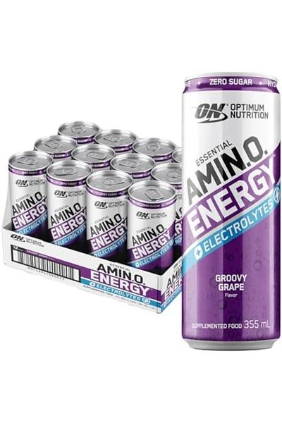 Optimum Nutrition Amino Energy Drink, Pre-Workout Energy, Grape (PACK OF 12 CANS X 355ML)
