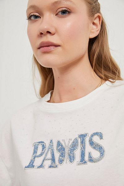 Arma Life Women's Stoned Paris Pattern Short Sleeve White Crop T-Shirt