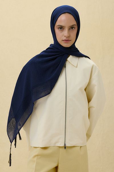 FENZA SCARF Brice Dark Blue Long Fringe Tassel Cotton Shawl