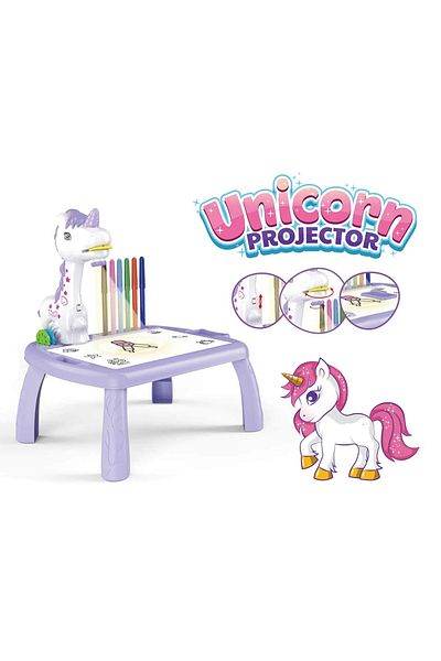 LUDIRO Set Masuta pentru Desen cu Proiector Holografic, 3 Discuri cu 24 Modele, Unicorn, 12 Carioci