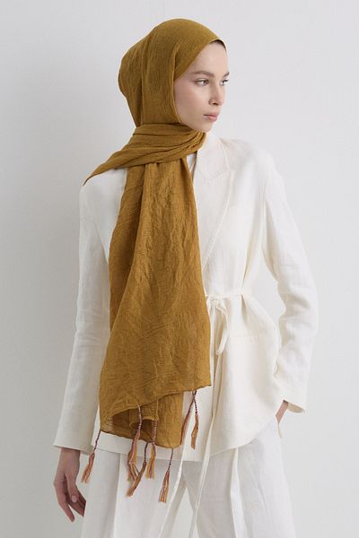 FENZA SCARF Drew Mustard Bohemian Cotton Shawl with Long Fringe