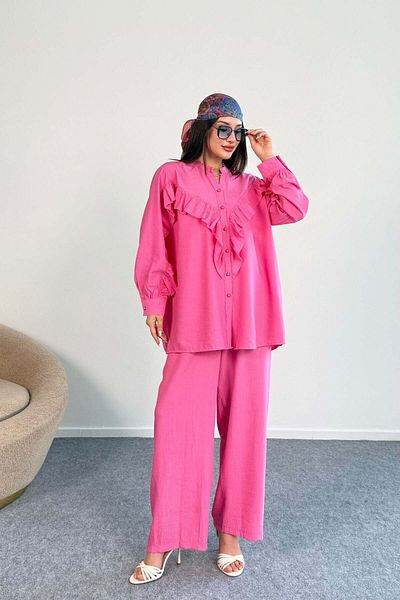 Hatun Atila Ruffle Detail Long Sleeve Shirt and Wide Leg Pants Two Piece Set 8021 - Pink
