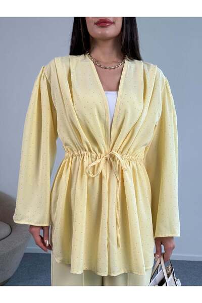Hatun Atila Long Sleeve Blouse with Rhinestone Ruffle Tie Detail and Wide Leg Pants Two Piece Set 8022 - Yellow