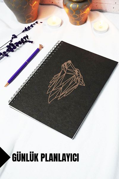 markcat A5 Wolf Themed Black Kraft Cover Notebook - Daily Planner - 45 Sheets (90 Sheets) 15X21 cm