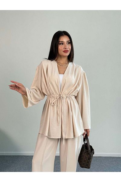 Hatun Atila Long Sleeve Blouse with Rhinestone Ruffle Tie Detail and Wide Leg Pants Two Piece Set 8022 - Beige