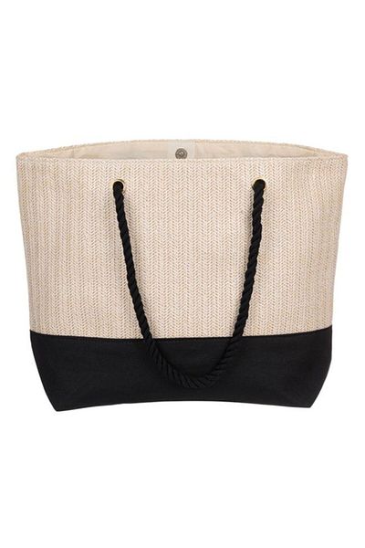 OEM Set geantă de plajă 38x16x38cm și geantă de machiaj 32x22cm, bumbac poliester PP, design țesut, bej negru