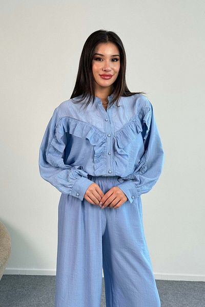 Hatun Atila Ruffle Detail Long Sleeve Shirt and Wide Leg Pants Two Piece Set 8021 - Blue