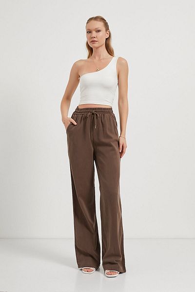 Arma Life Women's Wide Leg Waist Elastic Brown Palazzo Trousers