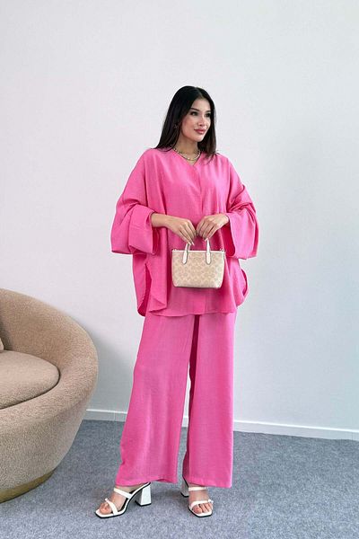 Hatun Atila Flowy Cutout Rhinestone Wide Sleeve Blouse and Wide Leg Pants Two Piece Set 8838 - Pink