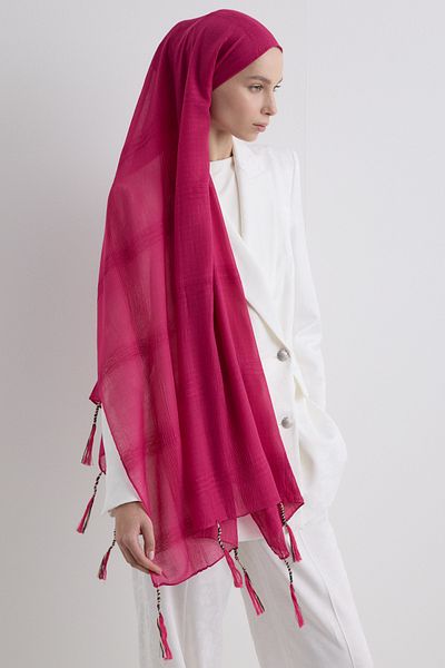 FENZA SCARF Brice Fuchia Long Fringe Tassel Cotton Shawl