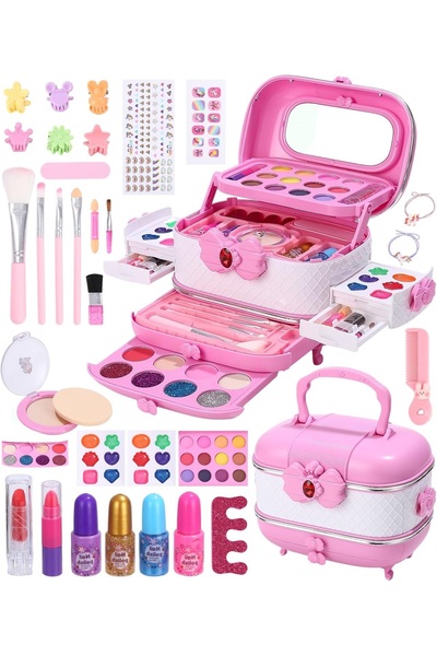 WePro Store Trusă de machiaj pentru copii roz rubin, solubilă în apă, fard de pleoape, ojă, pudră, geantă, netoxică