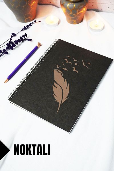 markcat A5 Bird Feather Themed Black Kraft Cover Notebook - Dotted Notebook - 60 Sheets (120 Pages) 15X21 cm