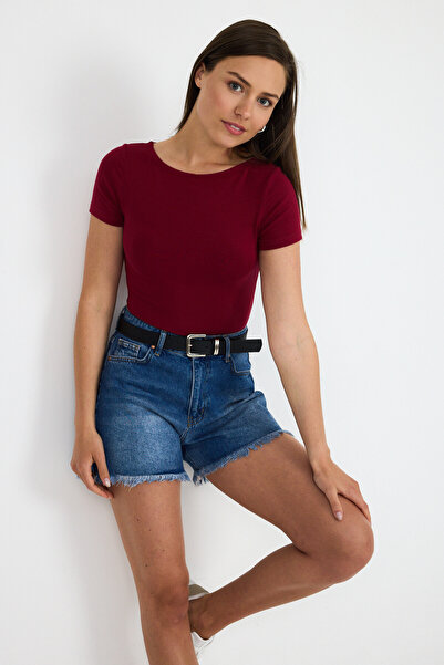 Rays Tricou burgundy cu decolteu în V din țesătură viscoasă/moale 1469