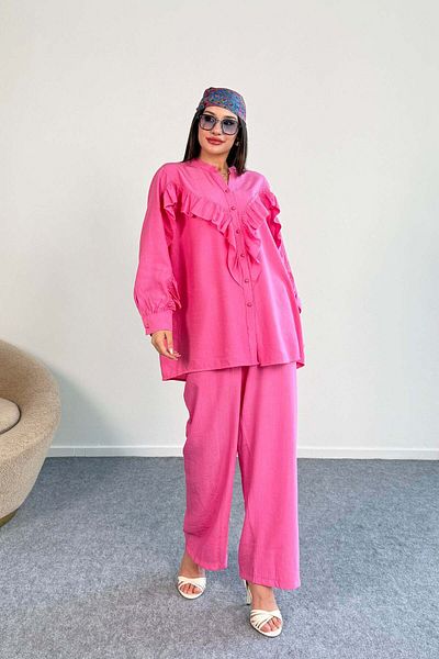 Hatun Atila Ruffle Detail Long Sleeve Shirt and Wide Leg Pants Two Piece Set 8021 - Pink