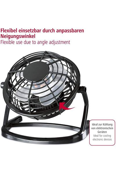 zola Ventilator birou USB, diametru 9.6 cm, 5V, unghi reglabil, dimensiune 15x14.7x9.6 cm, negru