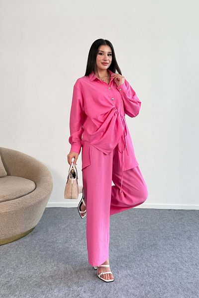 Hatun Atila Shirring Detailed Shirt and Wide Leg Pants Two Piece Set 2504 - Pink