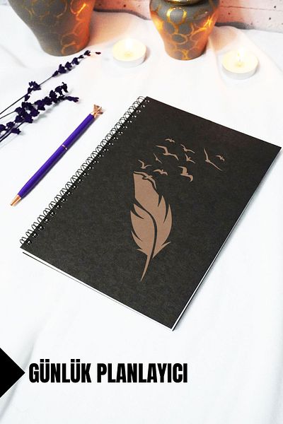 markcat A5 Bird Feather Themed Black Kraft Cover Notebook - Daily Planner - 45 Sheets (90 Pages) 15X21 cm