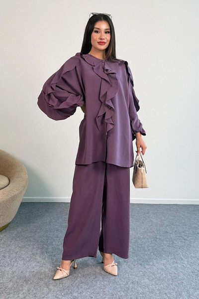 Hatun Atila Ruffle Detail Long Sleeve Blouse and Wide Leg Pants Two Piece Set 8023 - Plum