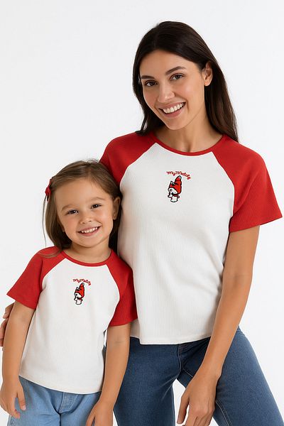 Ramior My Melody Embroidered Ribbon T-Shirt Double Mother and Daughter Combination (Ask for Mother's Size and Write It)