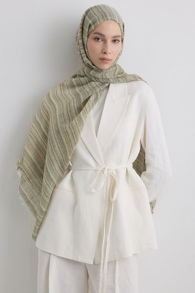 FENZA SCARF Baby Khaki Thin Striped Linen Textured Cotton Shal