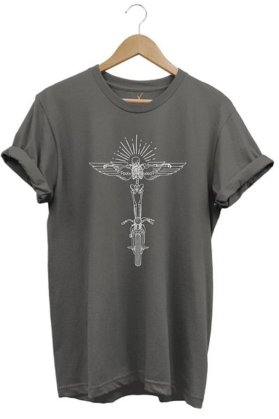 WİDİ Μπλουζάκι με γραμμικό σχέδιο Biker Wing and Skeleton με στάμπα 100% βαμβακερή κανονική εφαρμογή Premium γκρι
