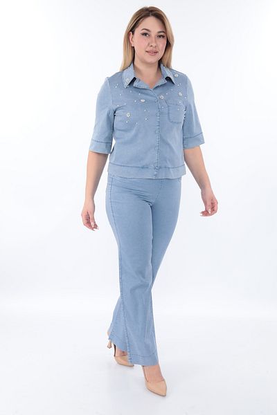 EXİTLİNE Women's Double Special Stone Summer Indigo Blue Suit Jacket Trousers