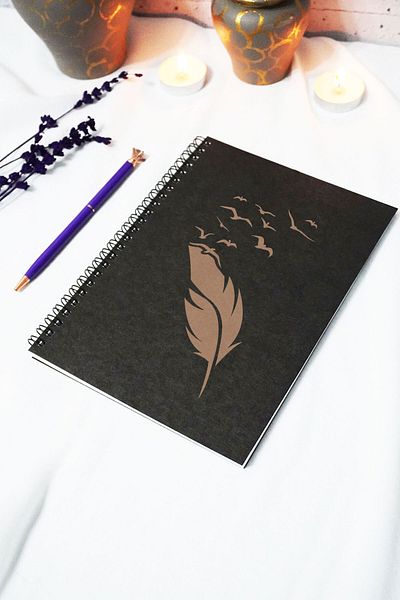 markcat A5 Bird Feather Themed Black Kraft Cover Notebook - Unlined Notebook - 60 Sheets (120 Pages) 15X21 cm