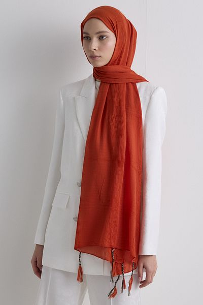 FENZA SCARF Brice Red-Orange Long Fringe Tassles Cotton Shawl