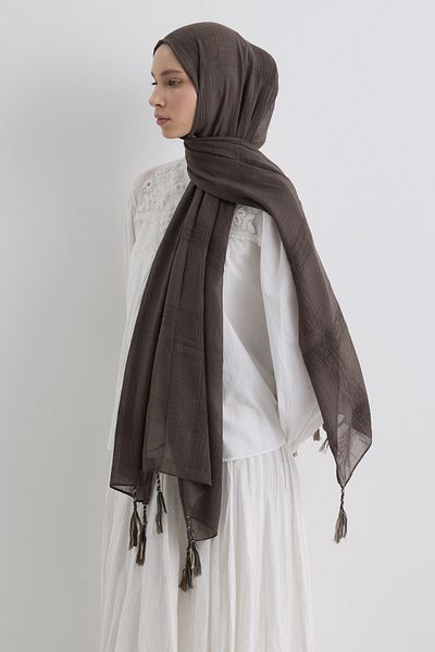 FENZA SCARF Brice Anthracite Long Fringe Tassel Cotton Shawl