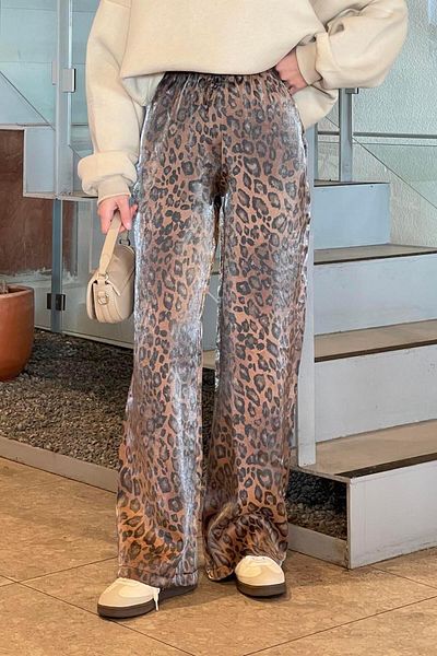 lamelif Shiny Leopard Patterned Wide Leg Trousers Chocolate Brown