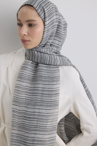 FENZA SCARF Baby Black Gray Patterned Linen Textured Cotton Shal