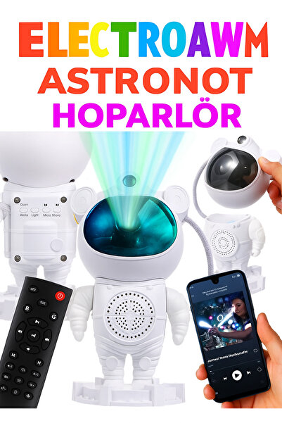 electroawm Astronot Tasarımlı Bluetooth Hoparlör & Gece Lambası – 8 Renkli Projeksiyon, Kumandalı!"
