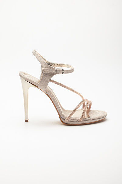 LİLLA Women's High Thin Heel Stone Evening Dress Gold Color Evening Dress Shoes