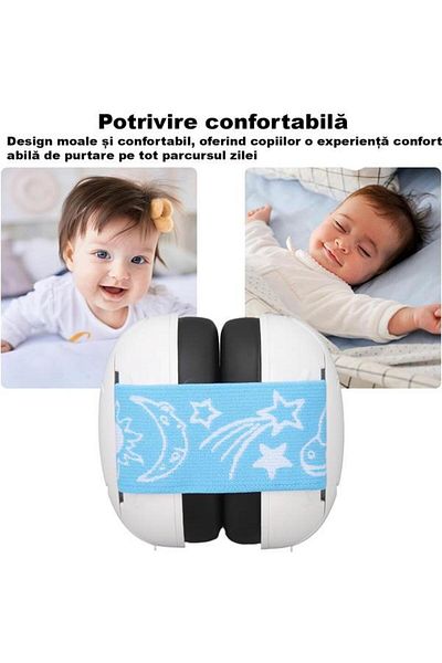 WePro Store Căști de protecție pentru urechi pentru bebeluși 3-36 luni, protecție fonică, fixare sigură, bandă elastică, albastru alb