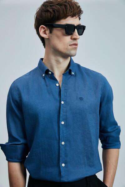 Lufian Pitaya Erkek Keten Gömlek Comfort Fit Sax Mavisi