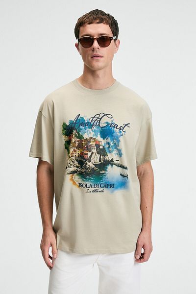GRIMELANGE Zest Men's 100% Cotton Oversize Fit Printed Short Sleeve Round Neck Stone Color T-Shirt