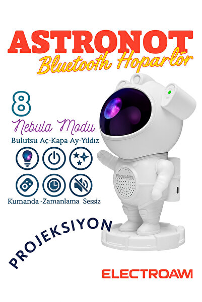 electroawm Astronot Tasarımlı Bluetooth Hoparlör & Gece Lambası – 8 Renkli Projeksiyon, Kumandalı!"