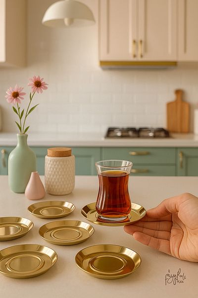 Fiyakalı Ürünler Atölyesi 6 Pieces Stainless Steel Gold Color Tea Plate Set, Coaster, Stylish, Presentation, Invitation, Guest Presentation
