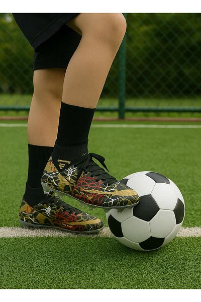 homiro Pantofi de fotbal Vinnex cu șosete din Lycra pentru copii-Negru-Auriu