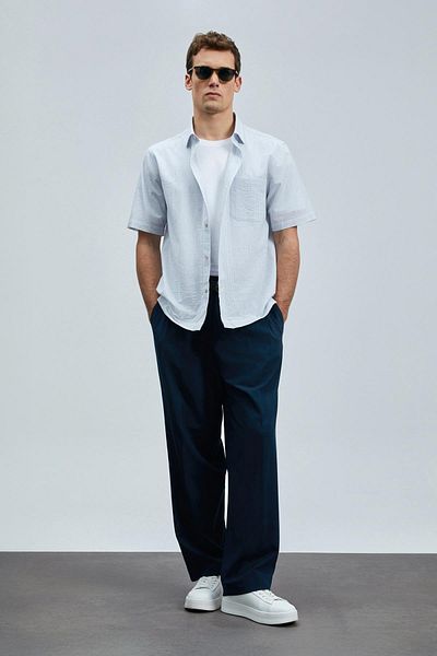 Lufian Ανδρικό βαμβακερό πουκάμισο με ρίγες Navy Blue Kamer Regular Fit (111010642)