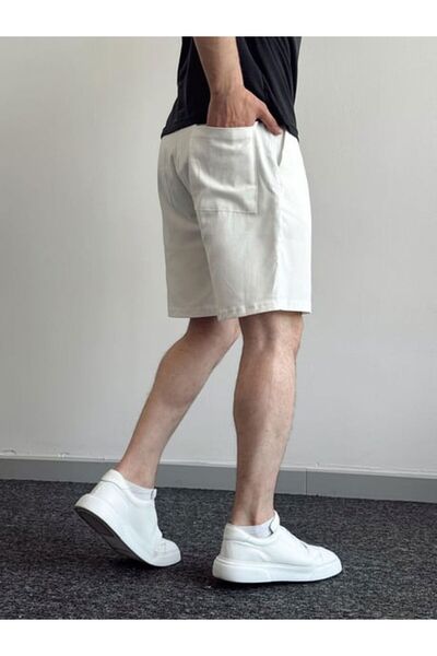 Oliggopol Ανδρικό λευκό υφασμάτινο σορτς Gabardine Premium ποιότητας μέσης ελαστική λεπτομέρεια Capri
