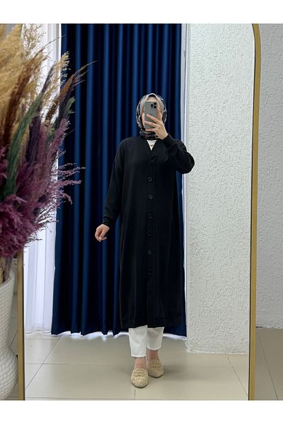 MİHRA STORE Serelle Front Buttoned Ayrobin Long Cardigan-Fa793 Black