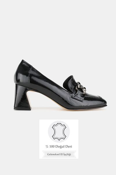 TUNAELLİ Women's Black Patent Leather Genuine Leather 35-41 Number Medium Heel Buckle Shoes