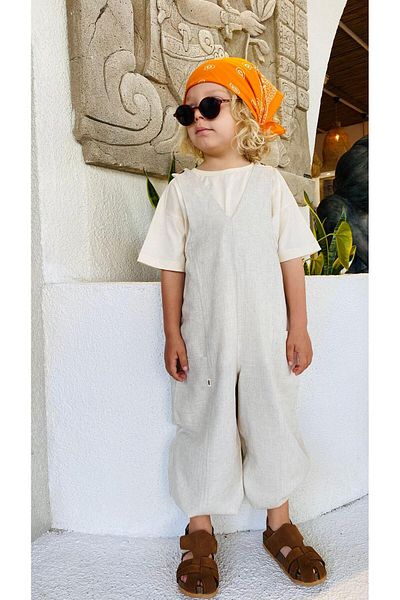 Cigit V Neck Elastic Leg Linen Salopet 2-7 Years Natural