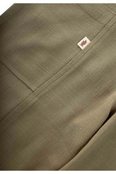 Cigit V Neck Elastic Leg Linen Salopet 2-7 Years Khaki Green