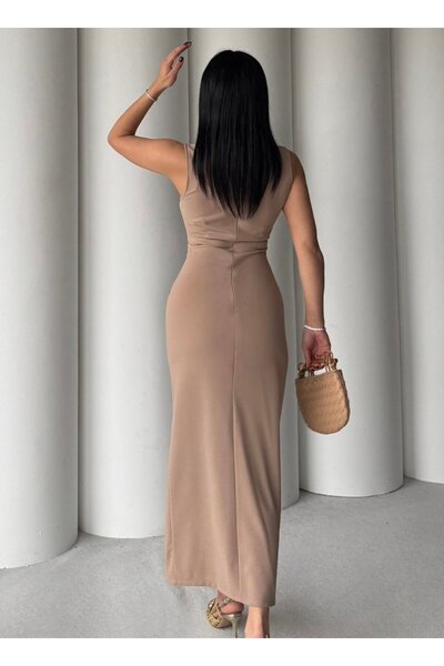 HARMONY GLOBAL Vizon Atika Kemer ve Gold Düğme Detaylı Elbise – Modern ve Zarif Model 7335